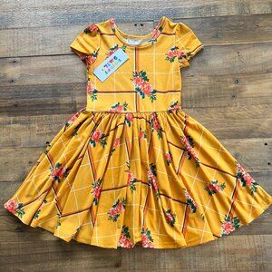 NWT Dot Dot Smile Classic Cap Sleeve Dress Marigold Check Roses 3/4